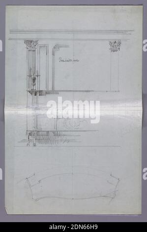 Teilentwurf für Sideboard in Elevation and Plan, A.N. Davenport Co., Stift und schwarze Tinte auf dünnem cremefarbenem Papier, Höhenansicht [nur linke Hälfte]: Aufwändig längliches Sideboard mit Kabinenbeinen und Nische in der Mitte, flankiert von 2 Türen; oberes Regal mit erhöhtem Backsplash und paar kurzen Säulen; Oben links, Skizzen von Wandverkleidungen mit geriffelten Pilastern aus Verbundbauweise und einem Pilaster. Grundriss: Halbkreisförmige Oberseite mit konvexer Front., 1900–05, Möbel, Zeichnung Stockfoto