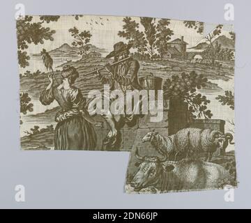 Old Ford, Medium: cotton Technique: copperplate printed, Two fragments, printed in brown, showing a part of the design 'Old Ford' drawn in 1761. This is probably an English version as it differs in quality and detail from the French printing. Shepherd seated on a stone wall playing the flute, shepherdess with a distaff and sheep are shown., England or France, mid–late 18th century, printed, dyed & painted textiles, Textile, Textile Stock Photo