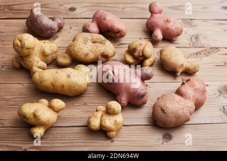 Trendy Ugly potatoes on a wooden rustic background. Ugly vegetables concept. top view. Stock Photo