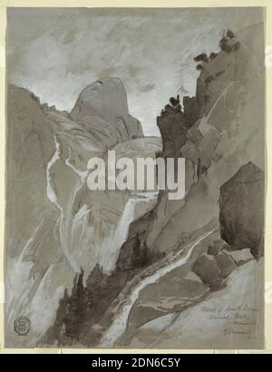 Vernal Falls, Yosemite, Thomas Moran, Amerikaner, B. Britannien, 1837–1926, Pinsel und Grauwäsche, weiße Goauche, Graphit auf grauem Gewebspapier, Vertikale Ansicht von Felsklippen mit zwei Kaskaden im rechten Vordergrund; Südkuppel steigt in der Mitte des Hintergrunds., 1904, Landschaften, Zeichnung Stockfoto