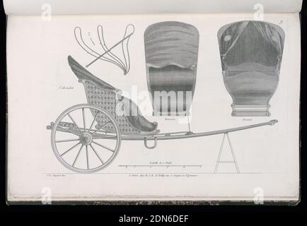 Platte 9, Cabriolet (Open Top), Modèles de Voitures Louis XV (Modelle von Louis XV Wagen), Jean-François Chopard, Französisch, aktives 18. Jahrhundert, Jean-François Chopard, Französisch, aktives 18. Jahrhundert, Nicolas Jean-Baptiste de Poilly, Französisch, 1712–nach 1758, Gravur auf Papier, Platte 9, Folio 9 einer Serie von 13 Drucken von Designs für Wagen oder Reisebusse. Die offene, von Pferden gezogene Kutsche hat eine Rokoko-Silhouette, die in der Höhe dargestellt ist, mit Details oben rechts. Der Korpus ist mit Intarsien verziert., Paris, Frankreich, ca. 1750, Alben (gebunden) & Bücher, gebundener Druck Stockfoto
