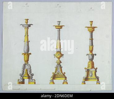 Drei Entwürfe für Kerzenhalter, Luigi Righetti, Italienisch, 1780 - 1819, Stift und Tinte, Pinsel und Sepia waschen, Aquarell, Graphit auf hellblauem Papier, Horizontales Rechteck. Drei Entwürfe für Kerzenständer mit dem Wappen von Kardinal Braschi. Links, die Basis von Löwen getragen Granatäpfel unterstützt. In der Mitte und rechts, Basis von Schildkröten unterstützt. Die oberen Teile der Leuchter 'B' und 'C' von 1938-88-626 sind in diesen Designs erhalten. Skala unten links., Rom, Italien, 1802, Beleuchtung, Zeichnung Stockfoto