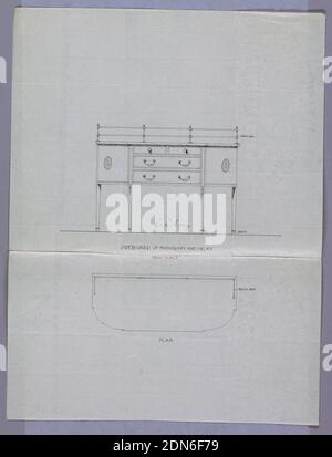 Design für Sideboard in Plan and Elevation, A.N. Davenport Co., Stift und schwarze Tinte auf dünnem cremefarbenem Papier, Höhenansicht: Längliches Sideboard mit 6 gerade zuspitzenden Beinen [4 abgebildet] mit Fußringen; dreiteilige Front mit 4 Schubladen in 3 Reihen angeordnet, flankiert von 2 Türen mit Patera-Medaillons in der Mitte; geformte Oberseite hatte Messingschiene an der Rückseite., Plan: Zeigt geformte längliche Oberseite mit abgerundeten Ecken und Messingschiene auf der Rückseite und leicht um die Seiten gewickelt., 1900–05, Möbel, Zeichnung Stockfoto