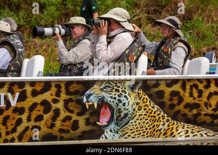 Touristen auf der Suche nach Jaguaren auf dem Fluss Três Irmãos, Pantanal von Mato Grosso, Brasilien Stockfoto