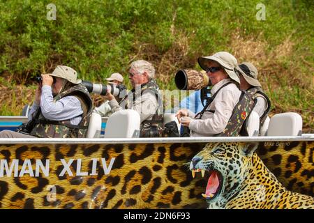 Touristen auf der Suche nach Jaguaren auf dem Fluss Três Irmãos, Pantanal von Mato Grosso, Brasilien Stockfoto