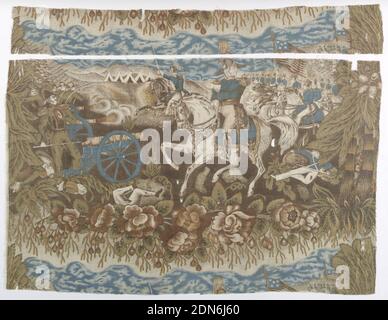 Textil, Medium: Baumwolle Technik: Walze auf Leinwandbindung gedruckt, General Taylor bei der Schlacht von Resaca de la Palma. Unten Vignette ein Kranz von Rosen, Rosenknospen breit behandelt. Die Farben sind braun, braun, blau., Zachary Taylor bei der Schlacht von Resaca de la Palma (1847) während des mexikanischen Krieges. General Taylor wurde der 12. Präsident der Vereinigten Staaten (1848-1850)., USA, Mitte des 19. Jahrhunderts, bedruckte, gefärbte & bemalte Textilien, Textilien Stockfoto