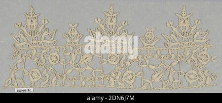 Band, Medium: linen Technique: needle lace, Fragment of band with a floral tab fringe., Italy, 16th–17th century, lace, Band Stock Photo