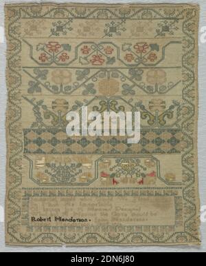 Sampler, Cristan Henderson, Medium: Seidenstickerei auf Wollgrundierung Technik: Gezählte und ungezählte Stiche; Kreuz-, Rücken- und Satinstiche auf Leinwandfundament, Bänder von geschwungenen Mustern mit einem Vers unten: 'Unsterblicher machte, was uns wichtig ist, soviel wie Unsterblichkeit, von Wesen für einen Himmel entworfen, Was aber ein Himmel sein sollte der Fall sein, Robert Henderson, Jean Henderson, Cristan Henderson Jahr 1762', England oder Schottland, 1762, Stickerei & Stitching, Sampler Stockfoto