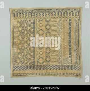 Sampler, Medium: Seide und Leinen Stickereien auf Leinen Fundamenttechnik: Gestickt in Satin, Laufen, Knoten, Kette, Schlagrücken, Kreuz und Überwerfen über Stamm, und Couching Stiche auf einfarbig Webfundament, Bänder von sich wiederholenden Muster in den Farbtönen blau, grün und beige. Bänder von zurückgezogenen Element Arbeit an jedem Rand., Spanien, Ende des 18. Jahrhunderts, Stickerei & Stitching, Sampler Stockfoto