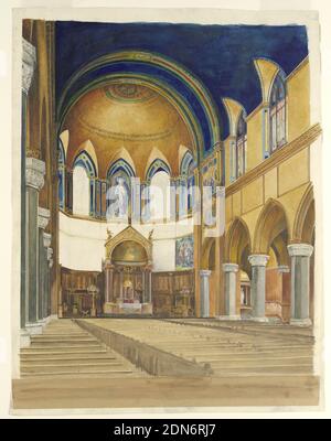 Church of St. Paul the Apostle, New York City, Choral Decoration, Aquarell, Gouache, über Graphit auf bufffarbenem dickem Wove-Papier, EINE perspektivische Ansicht des Innenraums mit Blick auf das Heiligtum. Hinter dem Altar ist die Gestaltung der Wanddekoration unvollständig. Über der Holzverkleidung ist rechts ein Teil der bemalten Dekoration angegeben. Die Dekoration der Apsis ist komplett. Nur ein Fensterdesign., New York City, USA, USA, 1896–99, Architektur, Innenräume, Zeichnung Stockfoto