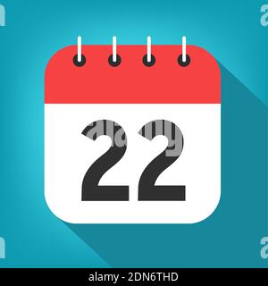 Kalendertag 22. Zahl zweiundzwanzig auf einem weißen Papier mit roter Überschrift auf blauem Hintergrund Vektor. Stock Vektor