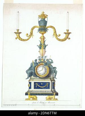 Design für einen Kerzenständer mit Uhr, Luigi Righetti, Italienisch, 1780 - 1819, Stift und Tinte, Pinsel und Aquarell, Graphit auf Papier, Vertikales Rechteck. Design für einen Kerzenständer mit Uhr, die in vergoldeter und grüner Bronze und weißem und farbigem Marmor ausgeführt werden soll. Zwei goldene liegende Hunde am Boden stützen eine ovale Basis. Uhr oben zwischen den Statuen von Apollo und Diana, beide sitzend. Auf der Uhr stehen zwei Genien bzw. halten eine Leier und einen Bogen. Eine Säule oben hat oben eine große Vase mit Blumen, sie steht in einer Schüssel mit Blättern Stockfoto