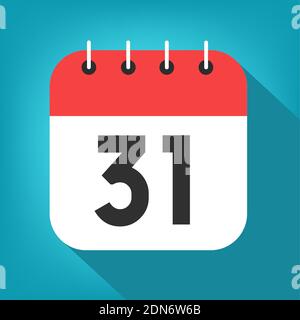 Kalendertag 31. Nummer einunddreißig auf einem weißen Papier mit rotem Rand auf blauem Hintergrund Vektor. Stock Vektor