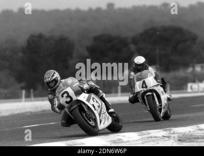 Randy Mamola (USA) Yamaha, Eddie Lawson (USA) Yamaha, Motorrad GP Saison 1984 Stockfoto