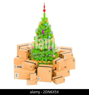 Weihnachtsbaum mit Paketen. Geschenk-Delivery-Konzept, 3D-Rendering isoliert auf weißem Hintergrund Stockfoto