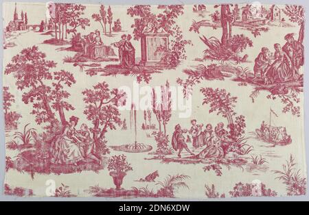 Textil, Jean-Baptiste Marie Huet, (französisch, 1745–1811), Medium: Baumwolle Technik: Gedruckt mit Kupferstich auf Leinwandbindung, Textil mit rot auf weiß mit Landzettenszenen bedruckt., Jouy, Frankreich, 1780–1790, bedruckte, gefärbte & bemalte Textilien, Textil Stockfoto