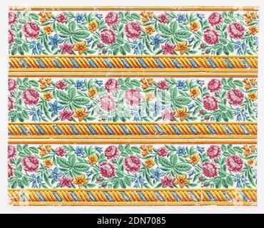 Borders, Block printed on handmade paper, Floral border printed three across, containing yellow and blue rope twist or cable modling at bottom edge, frieze of roses and other flowers in red, yellow, blue and green on a white ground., France, 1820–25, Wallcoverings, Borders Stock Photo