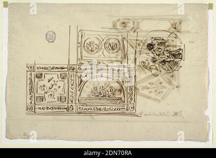 Skizzen zum Deckengemälde, Felice Giani, italienisch, 1758–1823, Feder und dunkelbraune Tinte auf hellbraunem Papier, Recto: Dekoration für drei Tafeln, quadratische Platte mit Lünetten und zwei längliche Tafeln. Jede Platte hat Rahmen. Dekoration der Eckplatte schräg angeordnet. Rechts Kreis mit Putto im Akt des Kletterns auf sitzende Frau., Verso: Mehr als Viertel der Seite gezeigt--Mittelmedaillon mit Figur mit Dreiecken an der Außenseite des Rahmens. Die Decke ist in geometrische Paneele mit Ornamenten unterteilt. Rechts eingeschrieben: Tutta l'intelavatura si dovrebbe fare a chiaroscuro paletto Stockfoto