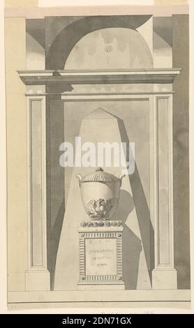 Design for a Sepulchral Monument, Giuseppe Barberi, Italienisch, 1746–1809, Graphit, Feder und Tusche, Pinsel und Aquarell auf Papier erhebt sich vor der Wand einer schmalen Bucht ein Obelisk. Davor steht eine Urne auf einem Sockel. Ein ausgezeigter Adler und unleserliche Inschrift auf dem Sockel Anfang: DOM, Italien, ca. 1830, Architektur, Zeichnung Stockfoto