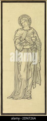 St. John, Cartoon for Carlisle Window, Paisley Abbey, Scotland, Sir Edward Burne-Jones, Englisch, 1833–1898, Kreide an Bord, Cartoon for a classy glass window depicing St. John Holding a chalice with a Serpent in it., England, 1876, glasswares, Drawing Stockfoto