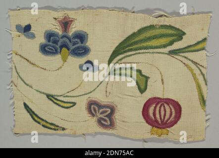 Fragment, Medium: Wolle auf Leinen Technik: Wollstickerei mit Crewel, Fragment in einem Muster mit Blättern mit Blumen und Früchten., England, 17. Jahrhundert, Stickereien & Stitching, Fragment Stockfoto