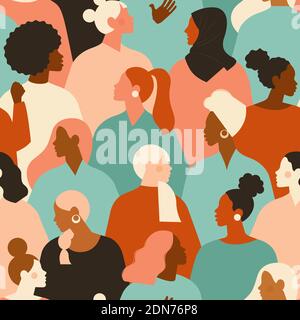 Female diverse faces of different ethnicity seamless pattern. Women empowerment movement pattern. International womens day graphic in vector Stock Vektor