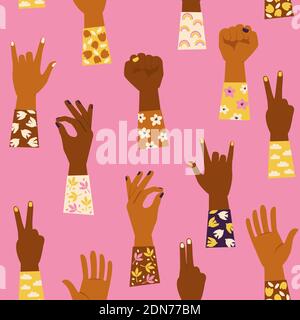 Die Hände der Frau mit erhobener Faust und verschiedenen Handbewegungen. Mädchen Macht Feminismus Konzept. Nahtloses Muster. Stock Vektor