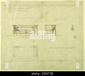 Tagescouch für Mrs. Allen's Boudoir, Henry J. Allen Residence, Wichita, Kansas, Henry J. Allen, Elsie J. Nuzman (Mrs Henry J.) Allen, Graphite, Farbstift auf cremefarbenem Tastung Papier, in der Mitte der Seite, zwei farbige Zeichnungen der Tagesliege, eine rechts ist von vorne, eine links ist von der rechten Seite. Unten rechts, farbige Zeichnung, es gibt eine Graphitzeichnung der Tagesliege von oben., USA, 1917, Möbel, Zeichnung Stockfoto