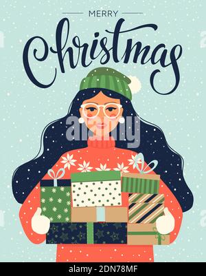 Set Weihnachtskarte und Happy New Year Vorlagen. Modischer Retro-Style. Vektordesign-Vorlage. Stock Vektor