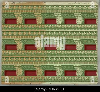 Bordüre, maschinenbedruckt auf Papier, Architekturimitation und Zierleiste in Grüntönen auf kastanienbraun mit goldmetallischen Akzenten., USA, 1904–15, Wandbeläge, Bordüre Stockfoto