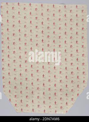 Textile, Medium: cotton Technique: roller printed on plain weave, Small-patterned design of a man with a bowling ball and three pins. Printed in red on a white ground., Alsace, France, 1825, printed, dyed & painted textiles, Textile Stock Photo