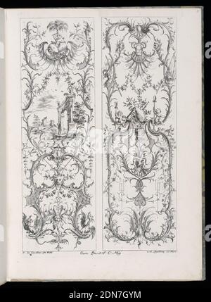 Zwei aufrechte Tafeln, Livre Nouveaux de Paneaux à divers usages (Buch der neuen Tafeln für verschiedene Anwendungen), François de Cuvilliés der Ältere, Belgier, aktives Deutschland, 1695 - 1768, Carl Albert von Lespilliez, Deutsch, 1723 - 1796, François de Cuvilliés der Ältere, Belgier, aktives Deutschland, 1695 - 1768, Gravur auf cremeweißem Papier, Folio 4, Platte 3 der Serie 6. Innerhalb rechteckiger Rahmenlinien, zwei Designs für aufrechte dekorative Paneele im Rokoko-Stil. Panel links: Unten zwei Drachen durch Scrollwork getrennt, oben eine Maske. Oben eine große ornamentale Kartusche gefüllt mit einer Landschaft Szene Stockfoto