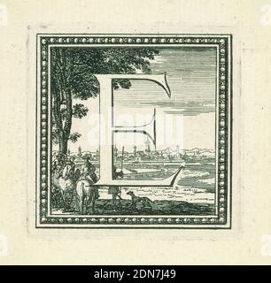 Figuraler Buchstabe, Großbuchstaben E aus einer Geschichte von Ludwig XIV. Von Frankreich, Radierung mit Gravur auf Papier, gezeigt gegen eine Gruppe von Büros im linken Vordergrund, und eine Stadt, zu der eine lange Brücke führt. Formrahmen., Europa, Frankreich, ca. 1700, Drucken Stockfoto