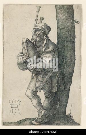 Der Bagpiper, Albrecht Dürer, Deutsch, 1471–1528, auf Papier gravieren, EIN Mann, der Dudelsäcke spielt, lehnt sich an einen Baum. Ein neutraler Hintergrund., Deutschland, 1514, Zahlen, Print Stockfoto