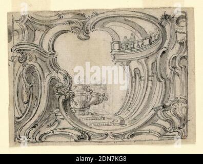 Design für eine Ornamenttafel, Juste-Aurèle Meissonnier, Französisch, B. Italien, 1695–1750, Stift und schwarze Tinte, Pinsel und Grauwäsche, schwarze Kreide auf Papier, EIN Palastatrium in Rocaille-Architektur ist schräg dargestellt. Auf einem Sockel in der Mitte steht eine kunstvolle Urne. Einige stehende Frauen sind leicht angedeutet., Rückseite: Ein kleiner Teil eines Ornaments in Graphit., ca. 1728, Ornament, Zeichnung Stockfoto