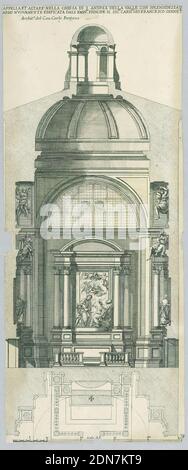 Plan und Erhebung der Ginetti-Kapelle und des Altars in der Basilika Sant'Andrea della Valle, Gravur, Pinsel und blaue Wäsche auf Papier, Plan und Erhebung der Ginetti-Kapelle und des Altars in der Basilika Sant'Andrea della Valle., Italien, 1671, Print Stockfoto