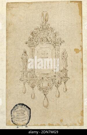 Design für einen Anhänger in Form von Nische, Stift und Tinte, Pinsel und Sepia auf Papier, ist ein achteckiger Diamant mit einem Anker graviert. Der Rahmen ist als eine Aedicule Nische geformt. Auf beiden Seiten sind allegorische Figuren der Liebe und des Glaubens. Unten sind fünf Tropfen., Italien, 16. Jahrhundert, Schmuck, Zeichnung Stockfoto