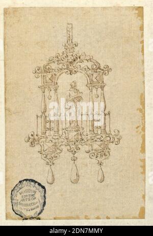 Design für Anhänger mit weiblicher Allegorie, Stift und Tinte, Pinsel und Sepia auf Papier, in der Mitte eines Bogens steht eine allegorische Figur mit einer Papierrolle. Baluster bildet sich auf beiden Seiten. Unten drei facettierte Edelsteine und drei hängende Perlen., Italien, 16. Jahrhundert, Schmuck, Zeichnung Stockfoto
