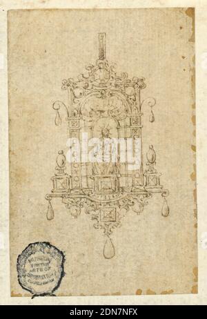 Design für einen Anhänger mit sitzender Frau mit Buch, Stift und Tinte, Pinsel und Sepia auf Papier, in einer Nische sitzt eine Frau, die in ihrem Schoß ein Buch unterstützt. Strahlen um ihr Buch. Unten, drei Tropfen., Italien, 16. Jahrhundert, Schmuck, Zeichnung Stockfoto