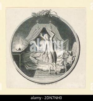 Szene aus dem Roman "der Glückliche" von Varga, Daniel Nikolaus Chodowiecki, Deutsch, 1726 - 1801, auf Papier gravieren, in einem kreisförmigen Rahmen sieht man einen Mann, der eine Frau erstechen will, die sich in Selbstverteidigung aus ihrem Bett erhebt. Eine andere Figur liegt sterbend auf dem Boden., Danzig, Deutschland, 1792, Print Stockfoto