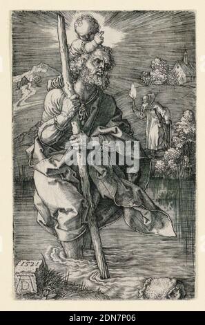 St. Christopher, Albrecht Dürer, Deutsch, 1471–1528, Gravieren auf Papier, St. Christopher im Vordergrund, vor dem Fluss, nach rechts. Das Kindlein Christus, das er auf seinen Schultern trägt, hebt seine rechte Hand in Segnung., 1521, Abbildungen, Druck Stockfoto