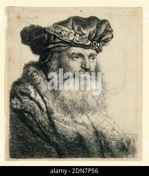 Ein bärtiger Mann mit Samtmütze mit Schmuckverschluss, Rembrandt Harmensz van Rijn, Niederländisch, 1606–1669, Radierung auf Büttenpapier, Brustbild eines bärtigen Mannes, nach rechts gewandt, in Dreiviertelansicht dargestellt. Er trägt eine breite Samtmütze mit Schmuckverschluss., Niederlande, 1637, Print Stockfoto