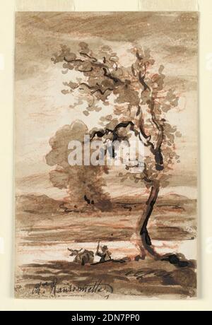 Landscape, Charles Nicolas Ransonnette, französisch, 1793 - 1877, Rotkreide, Pinsel und Sepia waschen auf Karton, EIN hügeliges Land mit zwei Bäumen. Ein Mann treibt zwei Kühe hinunter zu einem Fluss. Verso: Eine gedruckte Einladung zu einer Sitzung des Vereins Paroissiale de Charité der Paroisse St. Paul, St. Louis., Paris, Frankreich, 1860, Zeichnung Stockfoto