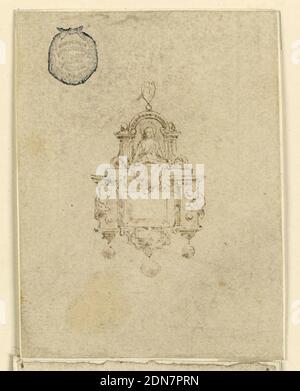 Design für einen Anhänger mit Frau auf Thron, Stift und Tinte, Pinsel und Sepia auf Papier, EINE Frau unter einer Volute sitzen. Unten ein länglicher Diamant mit architektonischem Rahmen. Drei Edelsteine fallen darunter., Italien, 16. Jahrhundert, Schmuck, Zeichnung Stockfoto