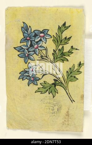 Holzschnitt Probedruck für bedrucktes Textil, Pinsel und Gouache auf Papier, Zweig aus kleinen Büscheln blauer Blüten, mit Blättern auf gelbem Grund., Frankreich, 1790–1800, Textildesigns, Zeichnung Stockfoto