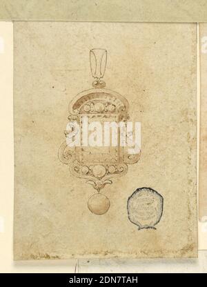 Design für einen Anhänger, Stift und Tinte, Pinsel und Aquarell auf Papier, EIN großer quadratischer Diamant von einem segmentierten Giebel an den Seiten von Voluten mit Masken im Profil eingerahmt. Unten ein Kelch mit zwei Voluten. Eine Perle ausstehend. Oben ein Link., Italien, 1820–40, Schmuck, Zeichnung Stockfoto