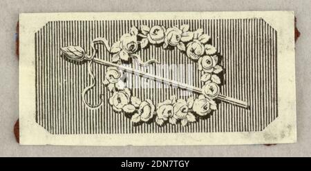 Holzstich. Vignette., Gravur und Radierung, Thyrsus und Rosenkranz vor geschlüpftem, achteckiger Hintergrund., Europa und USA, 1800–1830, Holzstich. Vignette Stockfoto