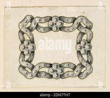 Design for a Buckle, Giovanni Sebastiano Meyandi, italienisch, aktiv 1762 - 1794, Stift und Tinte, Pinsel und Grau, goldenes Aquarell auf Wove-Papier, Schmuckdesign für eine Schnalle. Zwei umschlitzte, von Bändern geformte Escutcheons; in der Mitte der vier Seiten sind Rosetten. Die Bänder sind von Reihen von goldenen Perlen eingerahmt., Siena, Italien, ca. 1790, Schmuck, Zeichnung Stockfoto