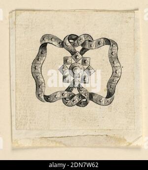 Design for a Buckle, Giovanni Sebastiano Meyandi, italienisch, aktiv 1762 - 1794, Stift und schwarze Tinte, Pinsel und graues Aquarell auf Papier, Schmuckdesign für eine Schnalle. Aus einer zentralen Rosette entspringt ein geflochtenes Band., Siena, Italien, ca. 1780, Schmuck, Zeichnung Stockfoto