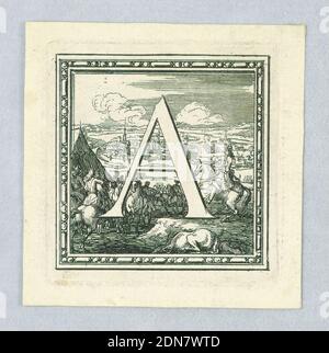 Figuraler Brief, Großbuchstaben A aus einer Geschichte von Ludwig XIV. Von Frankreich, Radierung mit Gravur auf Papier, gezeigt gegen eine Darstellung des Königs, der Offiziere in einem Lager vor einer Stadt anspricht. Formrahmen., Europa, Frankreich, ca. 1700, Drucken Stockfoto